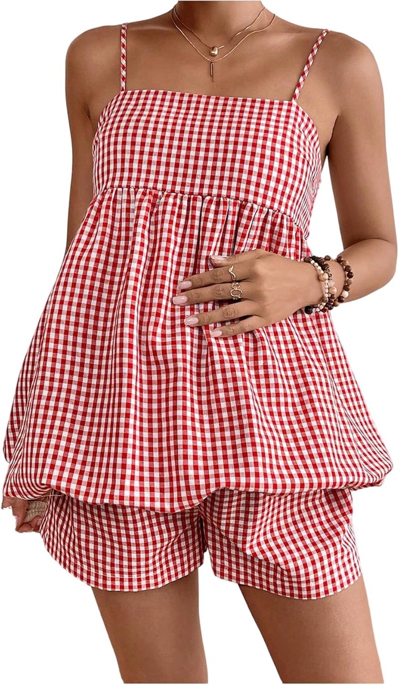 SweatyRocks Women's Maternity 2 Piece Outfits Plaid Peplum Bubble Cami Top and Shorts Sets - Image 1